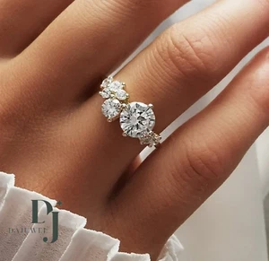 2 Carat Round Cut Moissanite Cluster Engagement Ring Solid 14K White Gold VVS1 - Picture 1 of 11