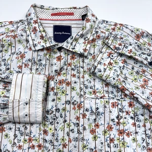 Tommy Bahama geblümt gestreiftes lässiges geknöpftes Hemd Herren XL weiß mehrere Umschlagmanschetten - Bild 1 von 7