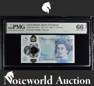 Great Britain 5 Pounds 2015 P 394 Polymer Prefix AA UNC PMG 66 EPQ - Image 1 of 4