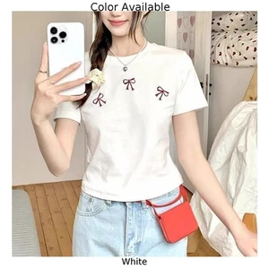 Bowknot Round Neck White Short Sleeve TShirt for Women Casual Summer Top - Picture 1 of 14