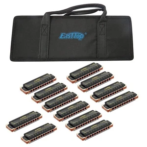 East Top Harmonica 12 Set Blues Harp 10 Holes 20 Tones Brass Cover Canvas Case C - Picture 1 of 6