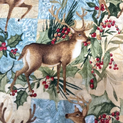 Susan Winget Christmas Deer Holly Patchwork Fabric Aqua Tan Half Yard #16 - Image 1 of 4