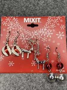 Christmas Earrings Set Of 3 Silvery Pierced Reindeer Xmas Present Gift MIXIT NWT - Picture 1 of 6