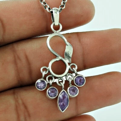 Ametista Gemma 925 Argento Sterling Ciondolo Vintage Donna Regalo Gioielli Y85 - Immagine 1 di 4