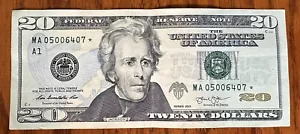 RARE 2003 Series $20 Star Note Low Serial # MA 05006407* Broken 4567 Ladder A1 - Picture 1 of 10