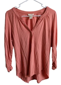 Sundance Womens Coral 3/4 Sleeve Notch Neck Blouse Ruched Sleeve Hem Size Small - Picture 1 of 6