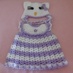 Doll Clothes Outfit, Crochet Dress, Purple Kitty Dress & Hat Fits 15-17" Doll - Picture 1 of 3