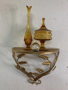 Vintage Hollywood Regency Brass Wheat Shelf Gold Tone  Weave MCM Semi Circle - Picture 1 of 12