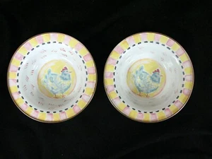 2 Mackenzie CHILDS ENAMEL METAL CHICKEN Cereal BOWL 6" - Picture 1 of 8