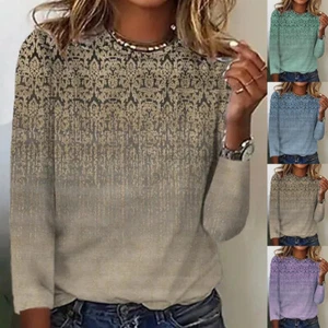 Women Printed Long Sleeve T-Shirt Blouse Ladies Casual Loose Pullover Tunic Tops - Picture 1 of 16