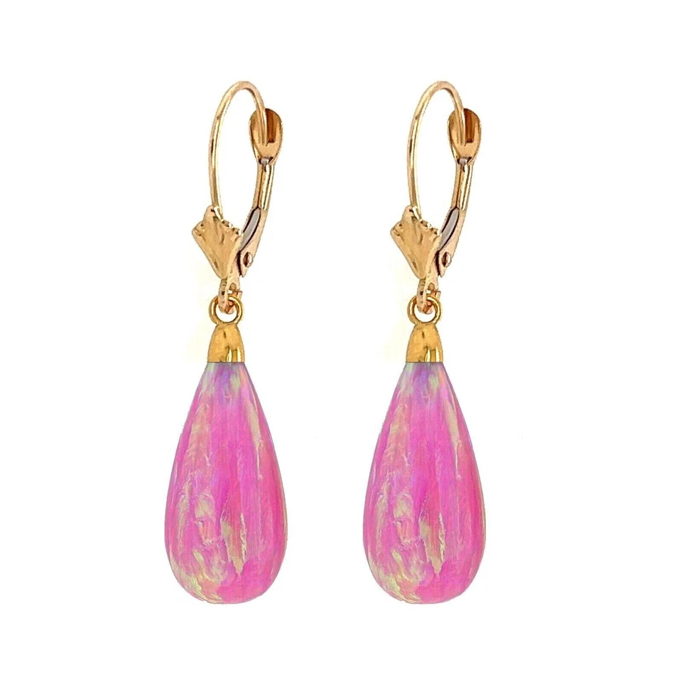 Pendientes colgantes oro amarillo 14K lágrima ópalo de fuego rosa con cierre de palanca 1,5 Foto 1 de 1