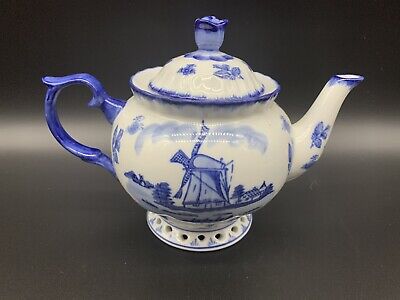 Ter Steege Small Delft Teapot Windmill Hand Painted Holland Blue Handle Lid • 25$
