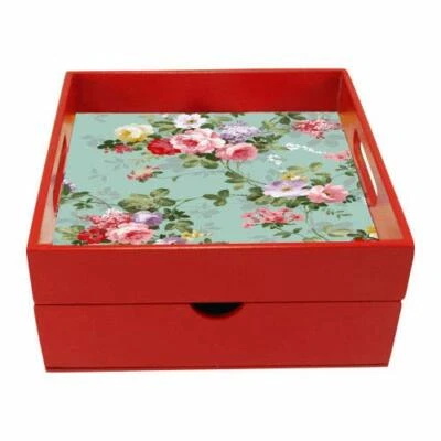 Engineered Wood Vintage Flower Print Wooden Tray with Drawer for Kitchen Use - Image 1 of 3