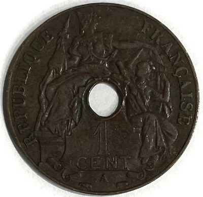 1937 French Indo China 1 Cent Lady Liberty Bronze Coin Paris Mint - Image 1 of 2