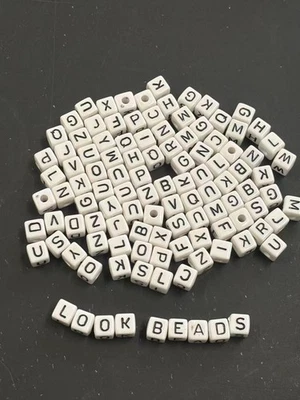 Acrylic letter square beads  10 mm  white with black letters 100 pcs - Image 1 of 4
