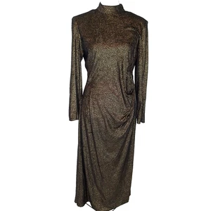 Dress Gaston Jaunet long metallic sz 10 black gold long slv ruched - Picture 1 of 21