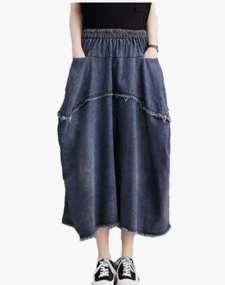 Falda culotte vaquera suelta informal de 32" cintura elástica flecos XL para mujer Foto 1 de 4