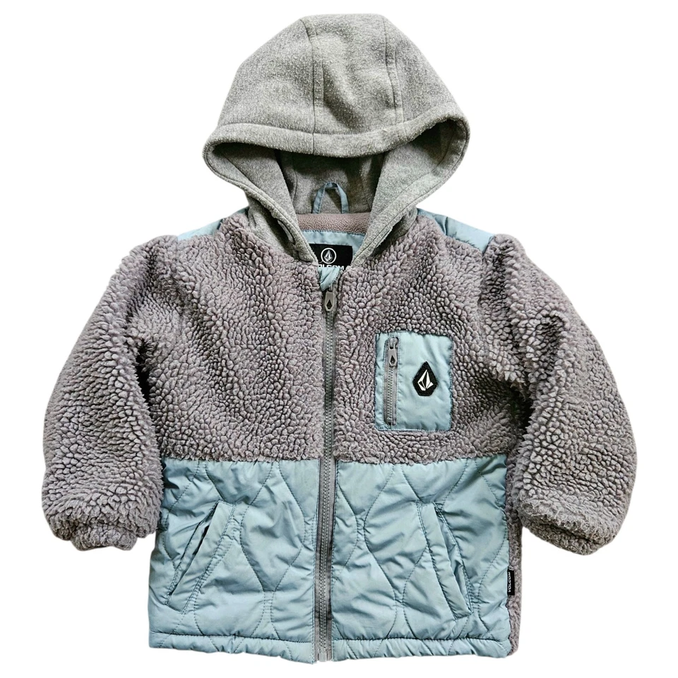 Casaco Volcom 4T masculino cinza azul com capuz com zíper primavera outono ursinho de pelúcia - Imagem 1 de 4