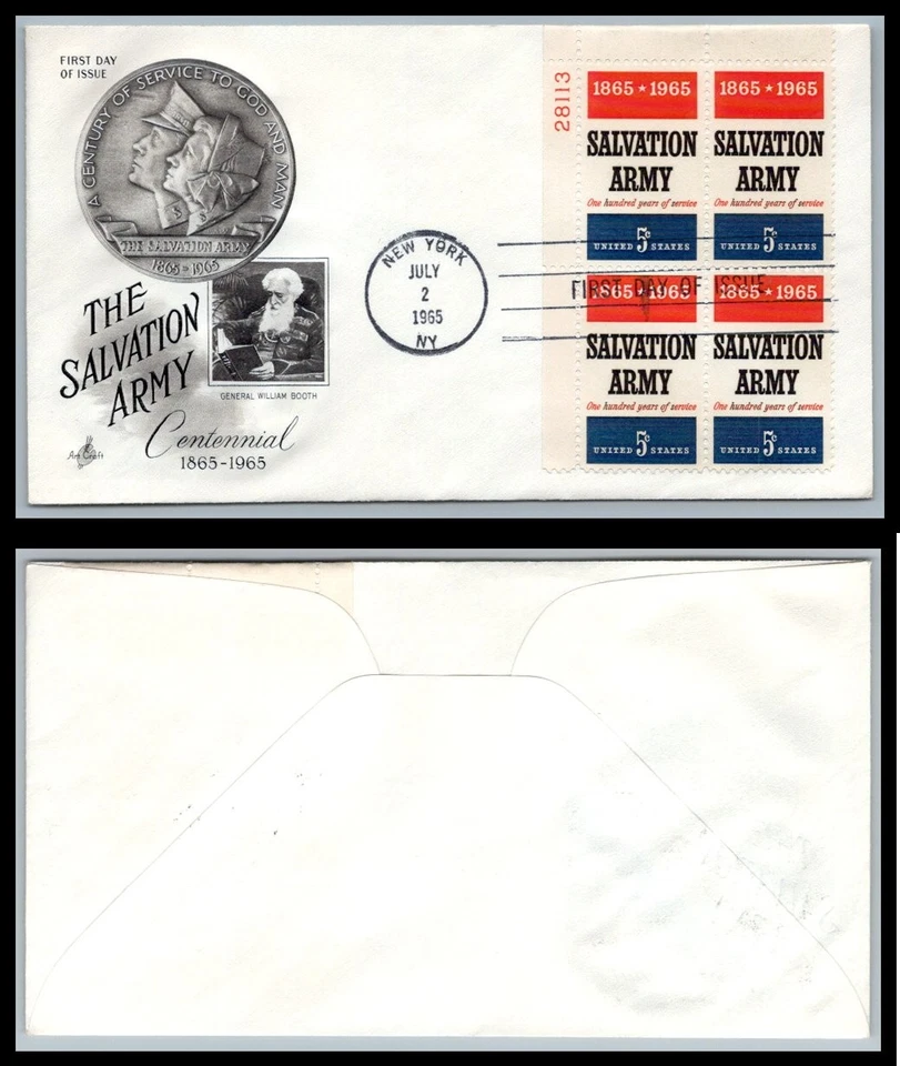 US FDC # 1267 5c Salvation Army  ArtCraft Plate Block 28113 UL 1965, 9p9271 - Image 1 of 1