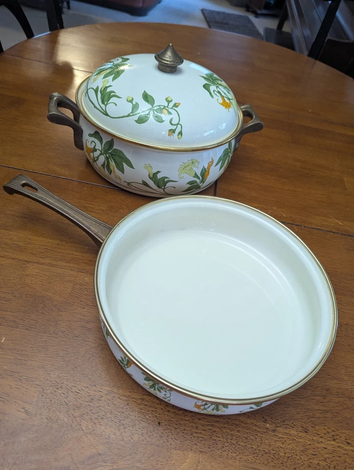 ASTA German Floral Enamel Cookware Brass Dutch Oven/Casserole & Frypan With Lid - Image 1 of 4