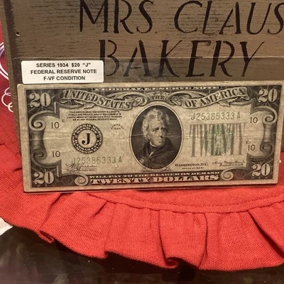 Rare $20 “J” Federal Reserve Note 1934 J Series (333) - Image 1 of 4