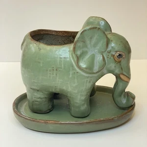 Stoneware Green Elephant Planter With Saucer Ceramic Pot - Picture 1 of 5