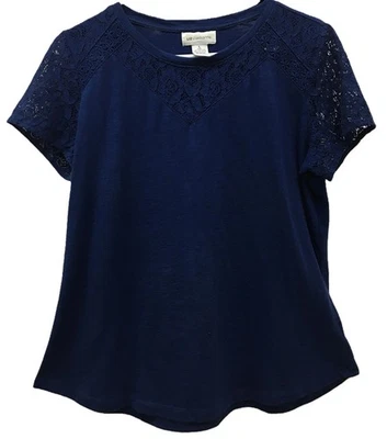 Camisa para mujer Liz Claiborne azul marino de encaje recortada manga gorra cuello redondo grande Foto 1 de 4
