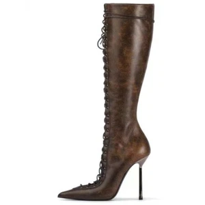 Runway Womens Pointed Toe Knee High Boots Sandal Stilettos Heels Lace Up Fashion - Picture 1 of 8