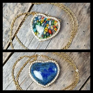 Reversible Heart Necklace Lapis Milfiori Glass Gold Over Stainless Steel 19"  - Picture 1 of 11