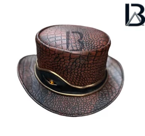 Steampunk Deadman Leather Top Hat Golden Eye Band Crocodile Pattern Biker Hat - Picture 1 of 7