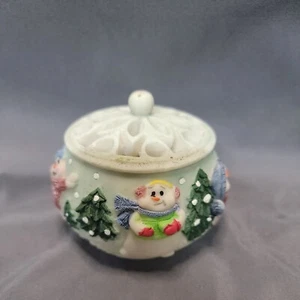 Ceramic 2 Pc Christmas Trinket Jewelry Candy Jar with Lid Snowman 3" Tall - Picture 1 of 11