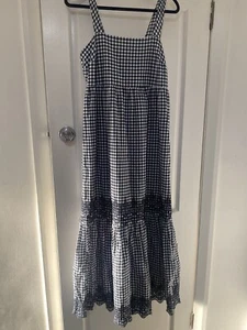 M&S Pure Cotton Navy Gingham Broderie Anglaise Long Dress Size 12 RRP £59 - Picture 1 of 9