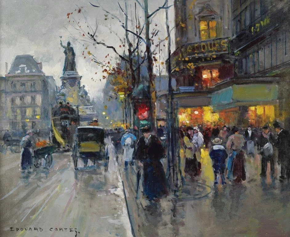 Impresión artística de escena callejera Place de la République Edouard Cortes c.1930 París Foto 1 de 1