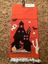 Pier 1 Imports Halloween 18" x 28" Haunted House Tea Towel w Pom Poms Orange NWT