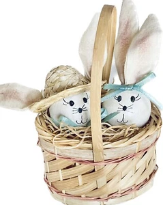 Vintage Hasen im Korb Ostern Frühling Deko Handarbeit Land Volkskunst - Bild 1 von 9