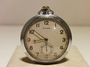 VINTAGE RARE WW2 ERA SWISS OPEN FACE CHROMED POCKET WATCH "CYMA" - Picture 1 of 11