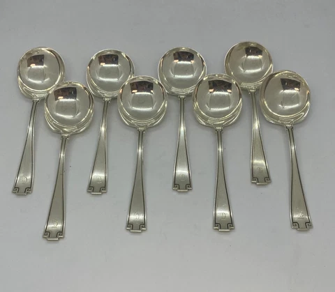 Gorham Etruscan Sterling Silver Round Soup Spoon 5.25 Inch Monogram Set of 8 Cover