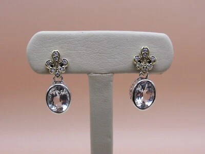 Designer LAGOS S/S 18K Diamond Pave' White Topaz Fleur di Lis Drop Earrings - Image 1 of 4