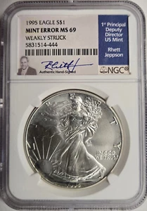 1995 Silver Eagle $1 Mint Error MS69 Date Weakly Struck Rare - Picture 1 of 4