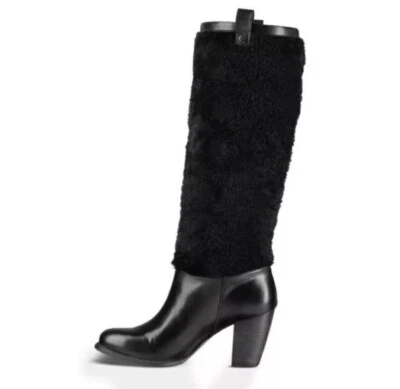 UGG Ava Youth 4 Black Exposed Shearling Heel Boots - Image 1 of 4