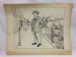 Vintage 1948 Pen & Ink Drawing U.S. Mail 14" X 11" Horse & Cart  - Picture 1 of 6