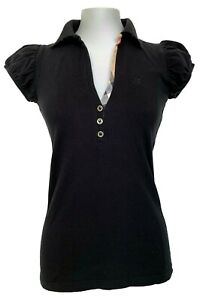 BURBERRY BRIT CLASSIC BLACK POLO SHIRT WITH RUCHED SLEEVES, XS, $245