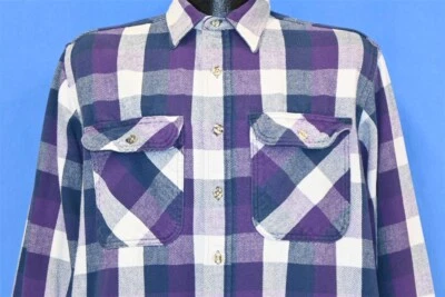 Camisa masculina vintage anos 90 OSHKOSH AZUL ROXO BRANCO XADREZ FLANELA BOTÃO PARA BAIXO L - Imagem 1 de 3