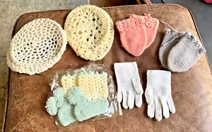 Lot Adorable Vintage 60s Knit or Crochet Baby 2 Hats Gloves Booties Nail Mittens - Picture 1 of 9
