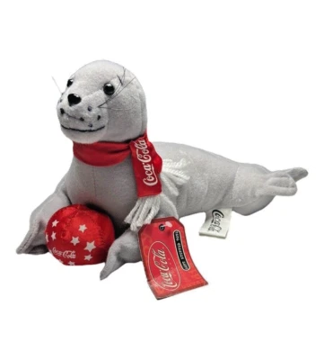 Sello de peluche vintage de Coca Cola para bebé con pelota y bufanda 2002 juguetes de peluche suaves Foto 1 de 4