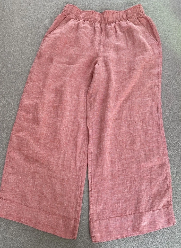 TAHARI WIDE LEG TROUSERS SZ MEDIUM PINK HIGH 100% LINEN PULL ON CROP 25” LEG - Image 1 of 4