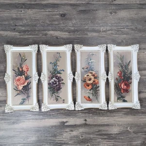 MCM Floral Prints On Board Picture Set Ornate Frame Skinny Set Of 4 Made In USA - Picture 1 of 19