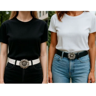 NUEVO Cinturón Reversible Negro Blanco Vegano Imitación Cuero M/L Plateado Girasol Hebilla Foto 1 de 4