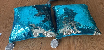 2- Pier 1 Imports Teal/Aqua/Silver Sequin Sparkle Pillows 16”X 16” - Image 1 of 4
