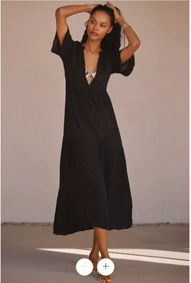 NUEVO CON ETIQUETAS ANTHROPOLOGIE The Kallie Maxi Vestido Negro Manga Corta Algodón Fluido Talla XS Foto 1 de 4